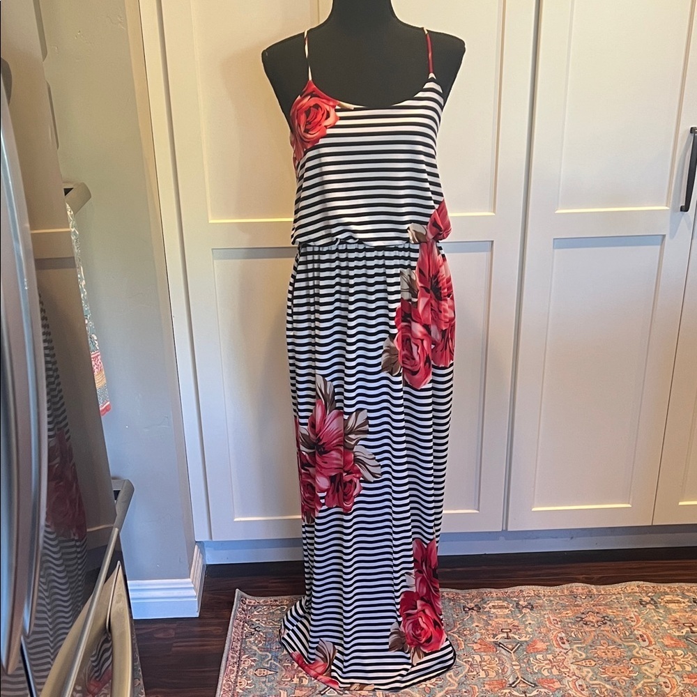 Enfocus Studio Black and White Striped Maxi Dress with Red Floral Accents